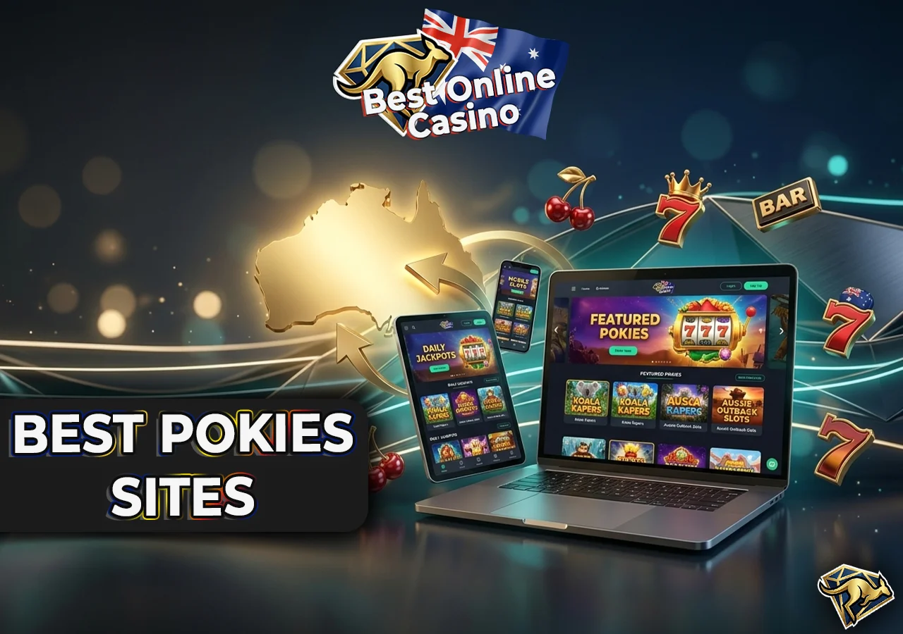 Premium online casino platform screens displayed on a laptop and tablet.